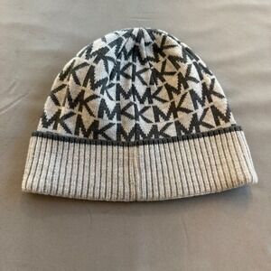 Michael Kors Womens Grey Black MK‎ Monogram Logo Knit Beanie Ribbed Cuff Hat